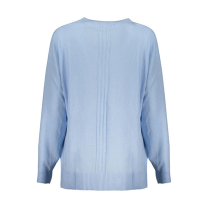 Guess Jeans Blue Cotton Sweater with long sleeves and V-neck featuring contrasting details and logo.