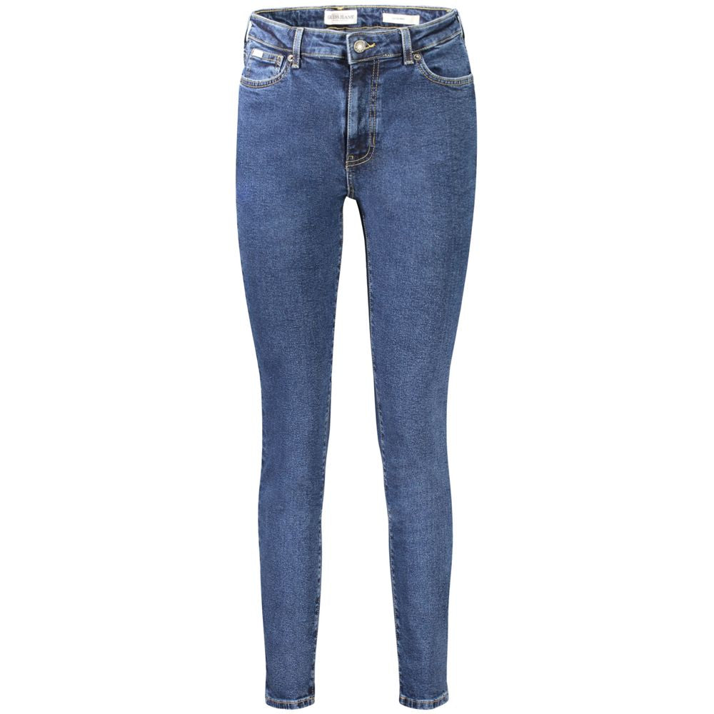 Guess Jeans Blue Cotton Women Jeans with chic washed effect and iconic Guess logo, featuring a skinny mid-style and 5-pocket design.