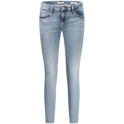 Guess Jeans Blue Cotton Women Jeans with chic washed effect and iconic Guess logo, featuring a skinny mid-style and 5-pocket design.