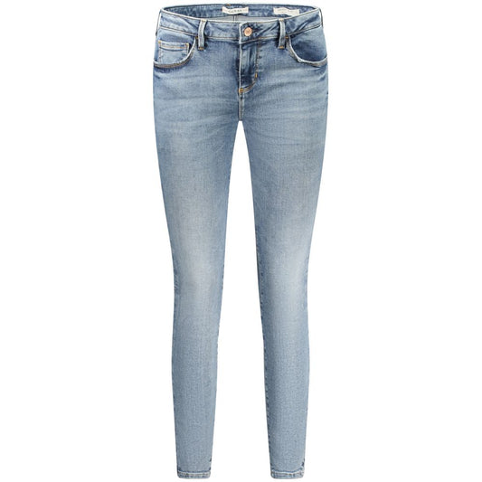 Guess Jeans Blue Cotton Women Jeans with chic washed effect and iconic Guess logo, featuring a skinny mid-style and 5-pocket design.