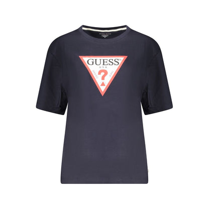Guess Jeans Blue Cotton Women T-Shirt with iconic logo, oversized fit, classic crew neck, and trendy streetwear print.