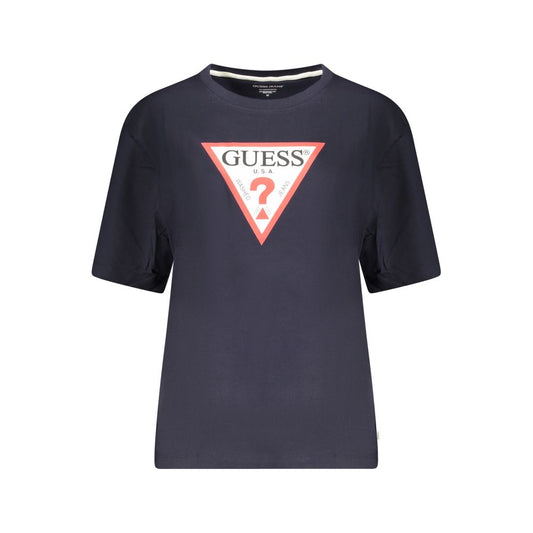 Guess Jeans Blue Cotton Women T-Shirt with iconic logo, oversized fit, classic crew neck, and trendy streetwear print.