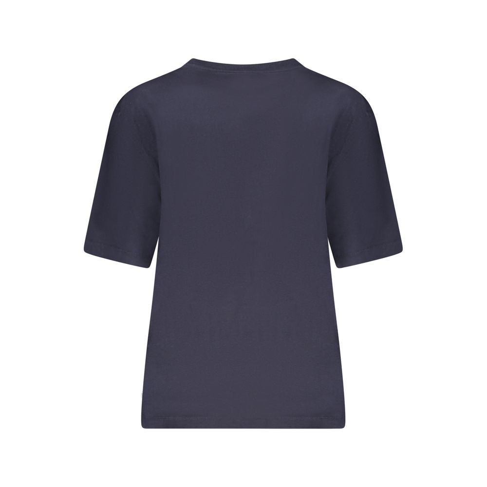 Back view of Guess Jeans Blue Cotton Women T-Shirt highlighting oversized fit and classic crew neck design.