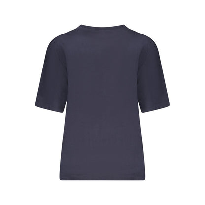 Back view of Guess Jeans Blue Cotton Women T-Shirt highlighting oversized fit and classic crew neck design.