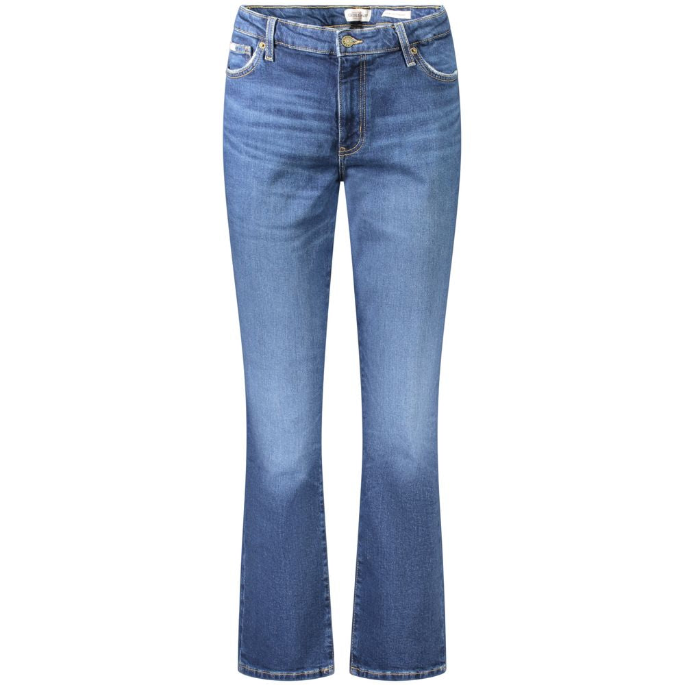 Guess Jeans Blue Cotton Women's Straight Jean, mid-rise design with button-zip closure and five pockets, made from cotton and spandex blend.