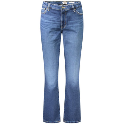 Guess Jeans Blue Cotton Women's Straight Jean, mid-rise design with button-zip closure and five pockets, made from cotton and spandex blend.