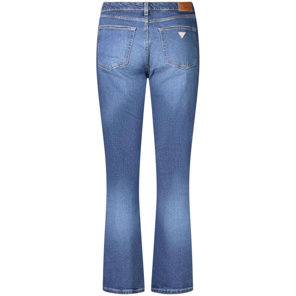 Back view of Guess Jeans Blue Cotton Women's Straight Jean with classic fit and iconic logo, showcasing five-pocket design and zip closure.