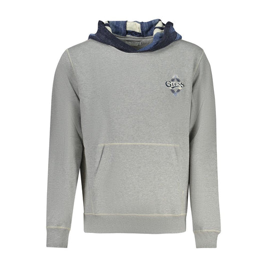 Guess Jeans Gray Cotton Men Sweater with hoodie and embroidered logo, featuring cozy long sleeves and a central pocket for essentials.