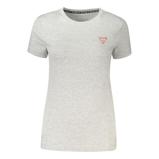 Guess Jeans Gray Cotton T-Shirt with short sleeves, wide neck, and logo. Made from organic cotton for casual wear.