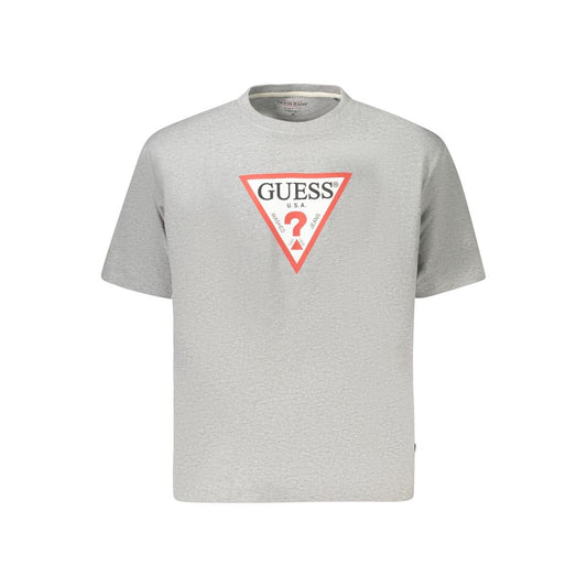 Guess Jeans Gray Cotton Women T-Shirt with iconic logo print, made of organic cotton, showcasing a trendy oversized fit.