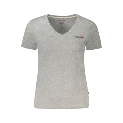Guess Jeans Gray Cotton Women Top with V-neck and iconic logo, crafted from organic cotton and spandex for chic comfort.