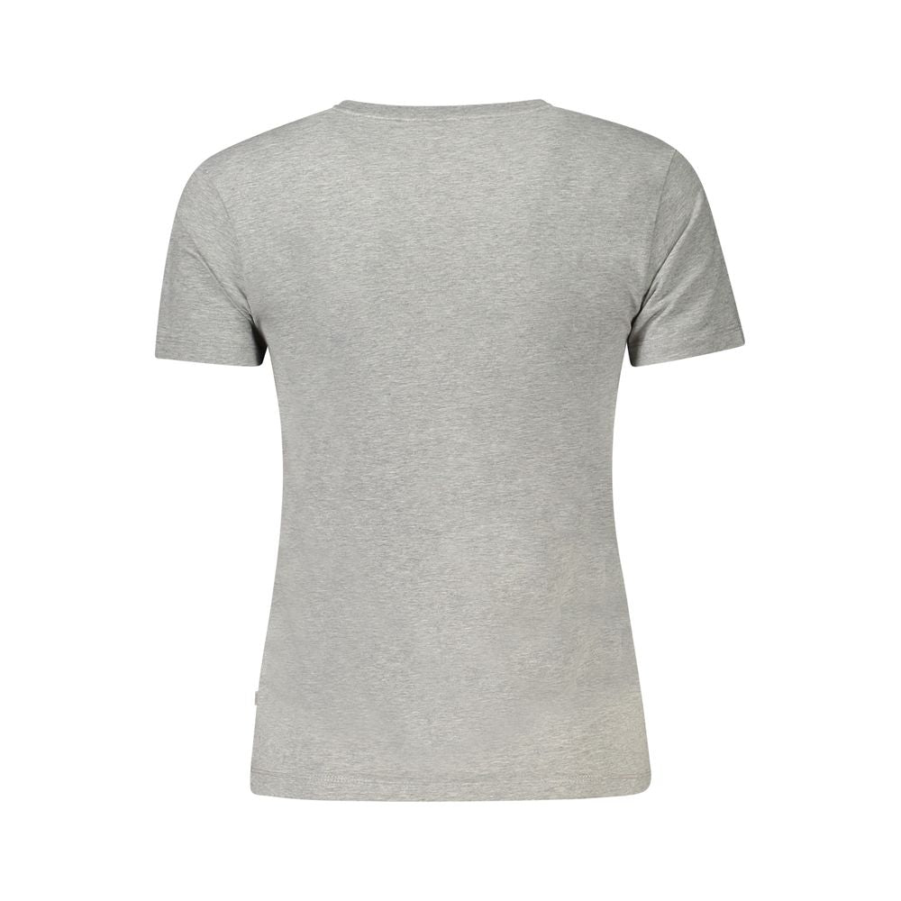 Back view of Guess Jeans Gray Cotton Women Top, showcasing soft fabric and stylish design with V-neck and iconic Guess logo.