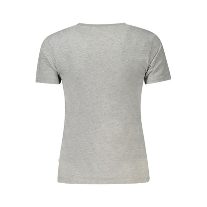 Back view of Guess Jeans Gray Cotton Women Top, showcasing soft fabric and stylish design with V-neck and iconic Guess logo.