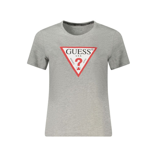 Guess Jeans Gray Organic Cotton Women Top with short sleeves and logo design, eco-friendly fashion statement for casual ensembles