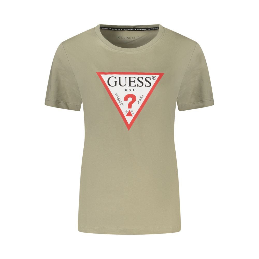 Alt Tag: Guess Jeans Green Cotton Women T-Shirt with iconic logo on organic cotton.