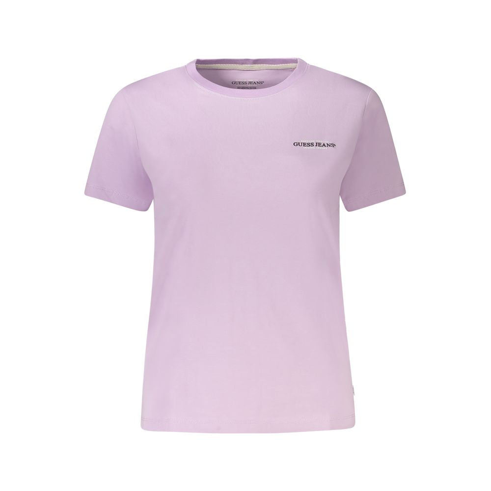 Guess Jeans Purple Cotton Women T-Shirt with iconic logo, crew neck, short sleeves, and slim fit design for bold style.