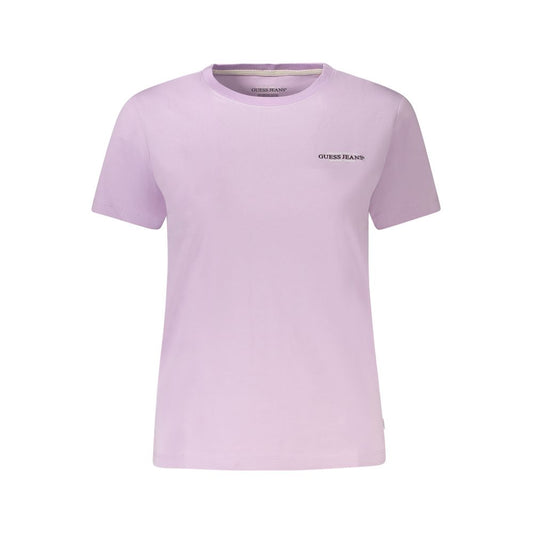 Guess Jeans Purple Cotton Women T-Shirt with iconic logo, crew neck, short sleeves, and slim fit design for bold style.