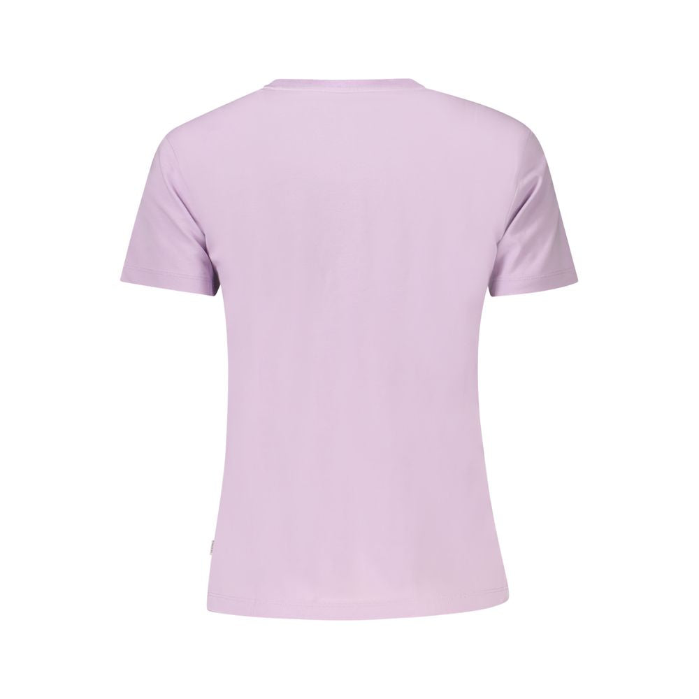 Back view of Guess Jeans Purple Cotton Women T-Shirt featuring short sleeves and crew neck design.