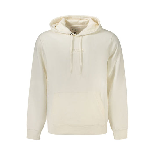 Guess Jeans White Cotton Sweatshirt with hoodie and central pocket, featuring embossed print and logo, made from organic cotton.
