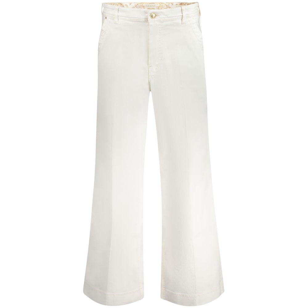 Guess Jeans White Cotton Women Jeans featuring a relaxed high waist, quartet of pockets, and classic button-and-zip fly with logo detail.