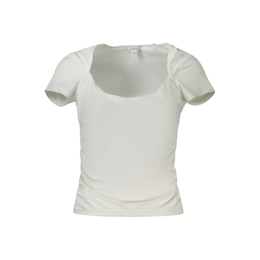 Guess Jeans White Spandex Women T-Shirt with wide neckline and short sleeves showcasing elegant style and comfort.