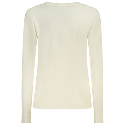 Guess Jeans White Viscose Sweater with long sleeves, V-neck, and contrasting details showcasing the back view