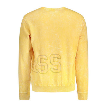 Guess Jeans Yellow Cotton Men Sweater with iconic logo, back view showing washed effect and embroidery.