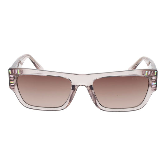 Guess Pink Women Sunglass with rose plastic full-rim frame and brown gradient lenses, includes branded case.