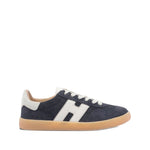 Hogan Pre Cool low-top suede sneakers in dark blue with lace-up closure, round toe, rubber sole, and H logo patch.