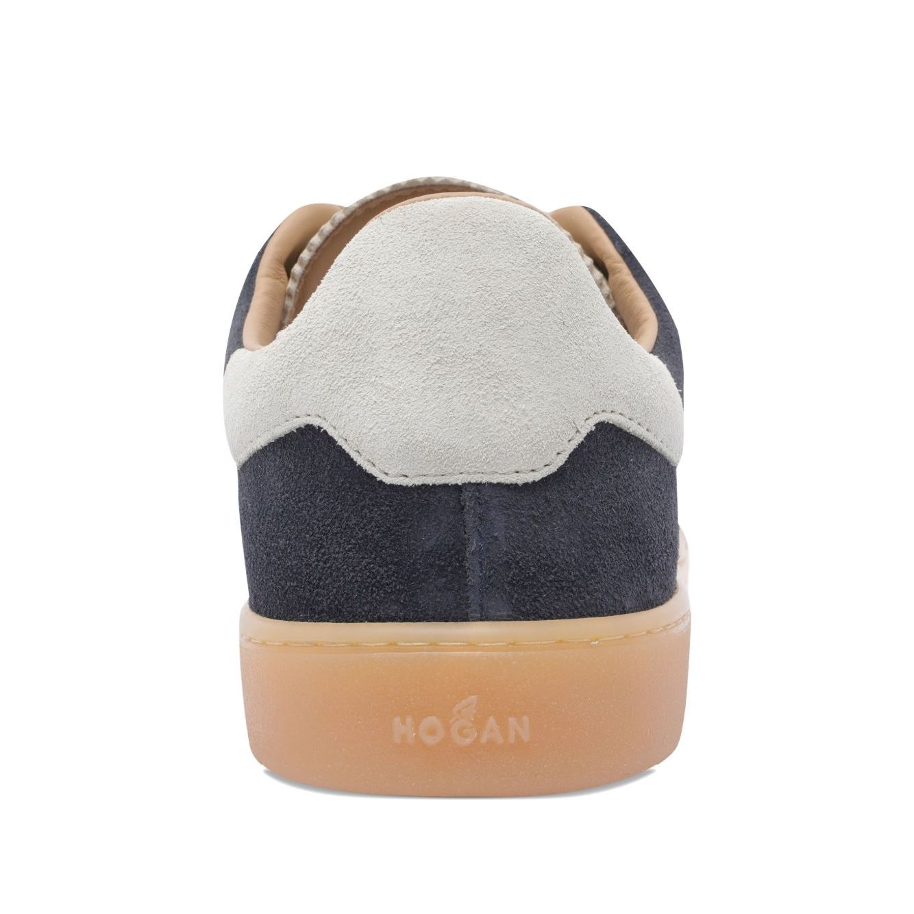 Back view of Hogan Pre Cool low-top suede sneakers in dark blue with rubber sole and H logo.