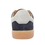 Back view of Hogan Pre Cool low-top suede sneakers in dark blue with rubber sole and H logo.