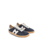 Hogan Pre Cool low-top suede sneakers in dark blue, featuring lace-up closure, round toe, rubber sole, and H logo patch.