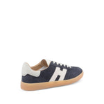 Hogan Pre Cool low-top suede sneakers in dark blue, featuring lace-up closure, round toe, and H logo patch on rubber sole.