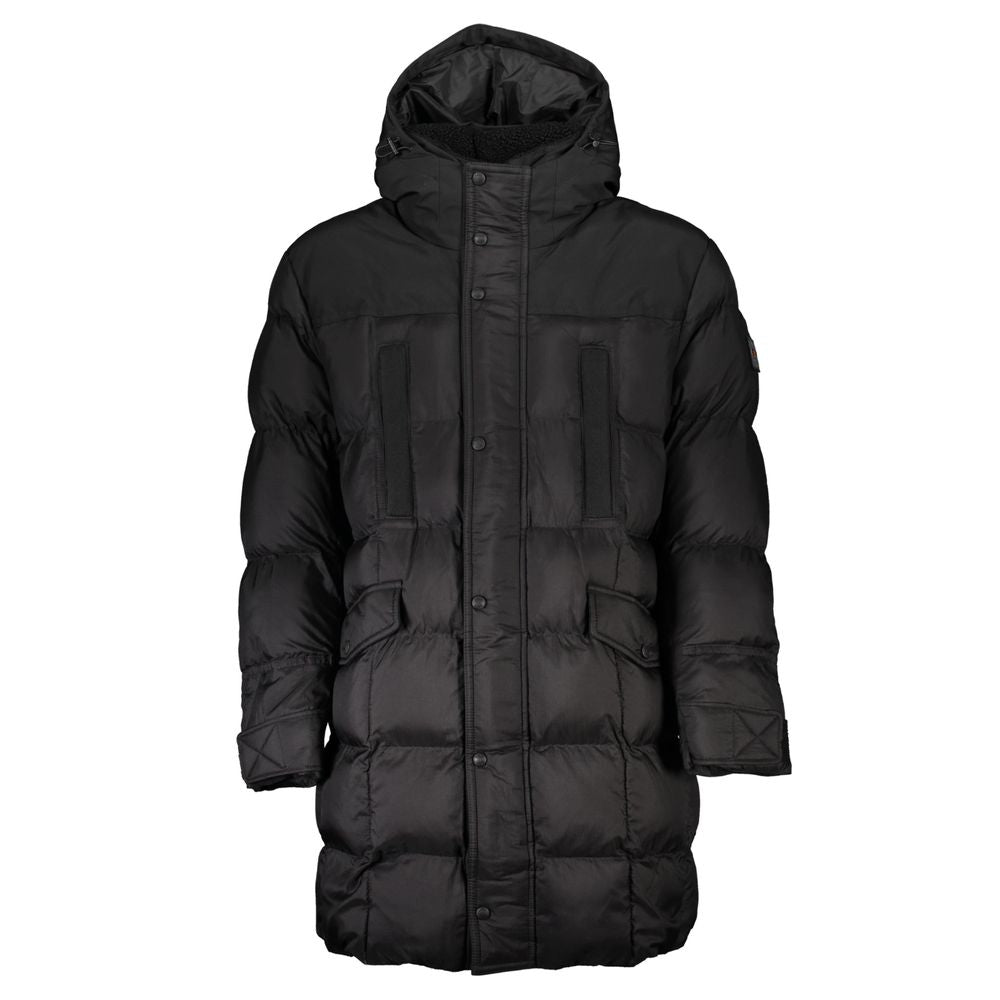 Hugo Boss Black Polyamide Men Jacket with hood and multiple pockets, crafted for durability and style.