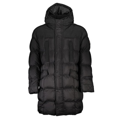 Hugo Boss Black Polyamide Men Jacket with hood and multiple pockets, crafted for durability and style.