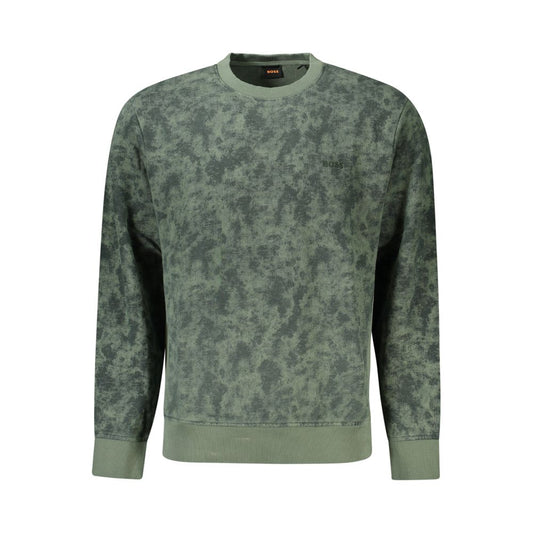 Hugo Boss Green Cotton Men Sweater with long sleeves and logo embroidery, featuring ultra-soft brushed cotton and contrasting accents.