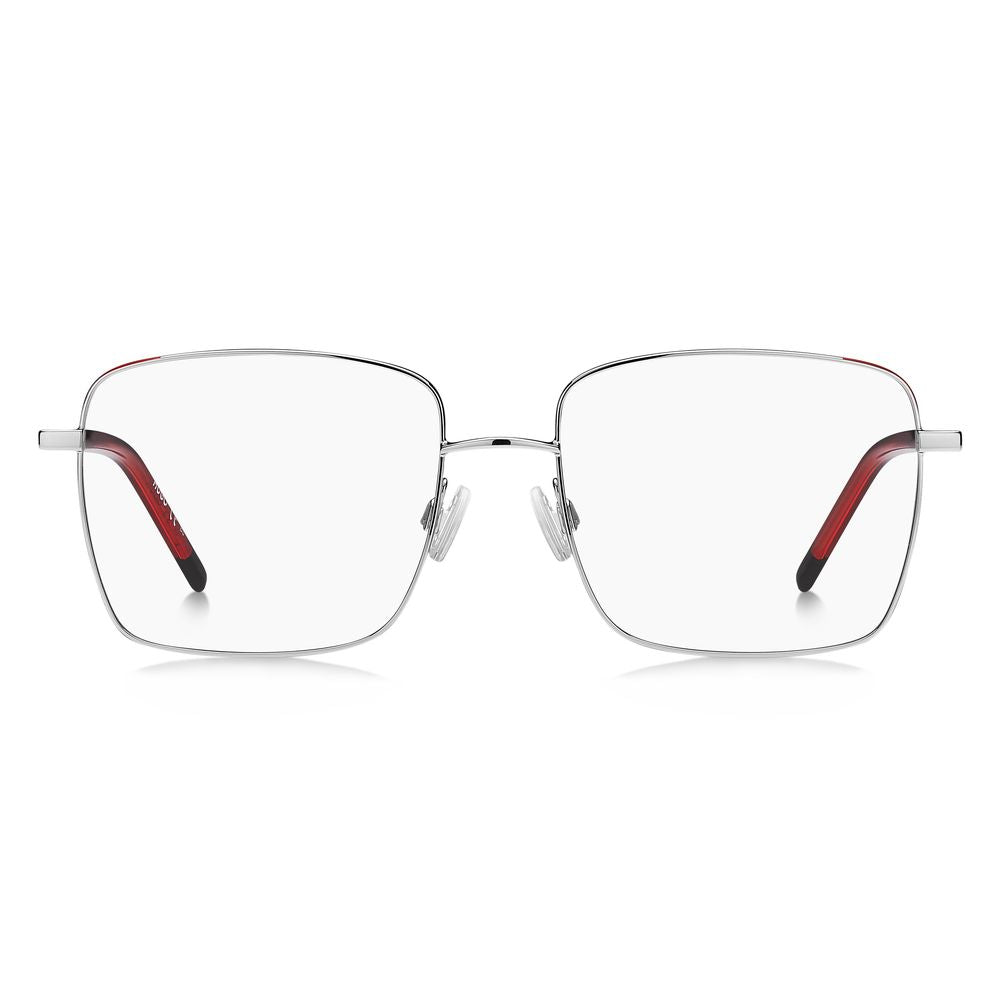 Alt Tag: Hugo Boss Silver Metal Frames with red accents, model HG-1217-J2B, 54/17/140mm, front view.