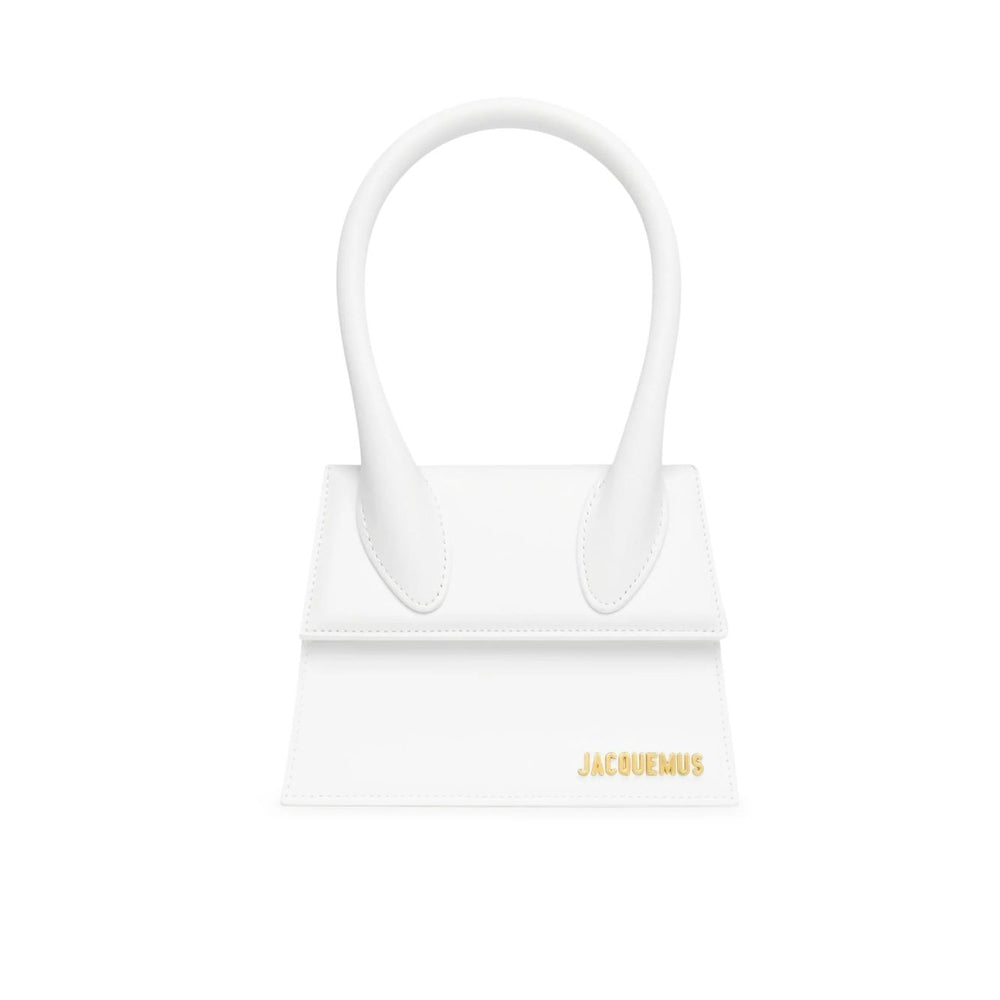 Jacquemus White Le Chiquito Moyen Bag with gold hardware, reinforced handle, removable strap, and magnetic flap closure.