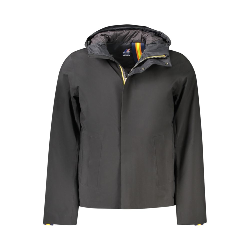 K-WAY Black Polyester Men Jacket with double padding, long sleeves, and multiple pockets for functional luxury.