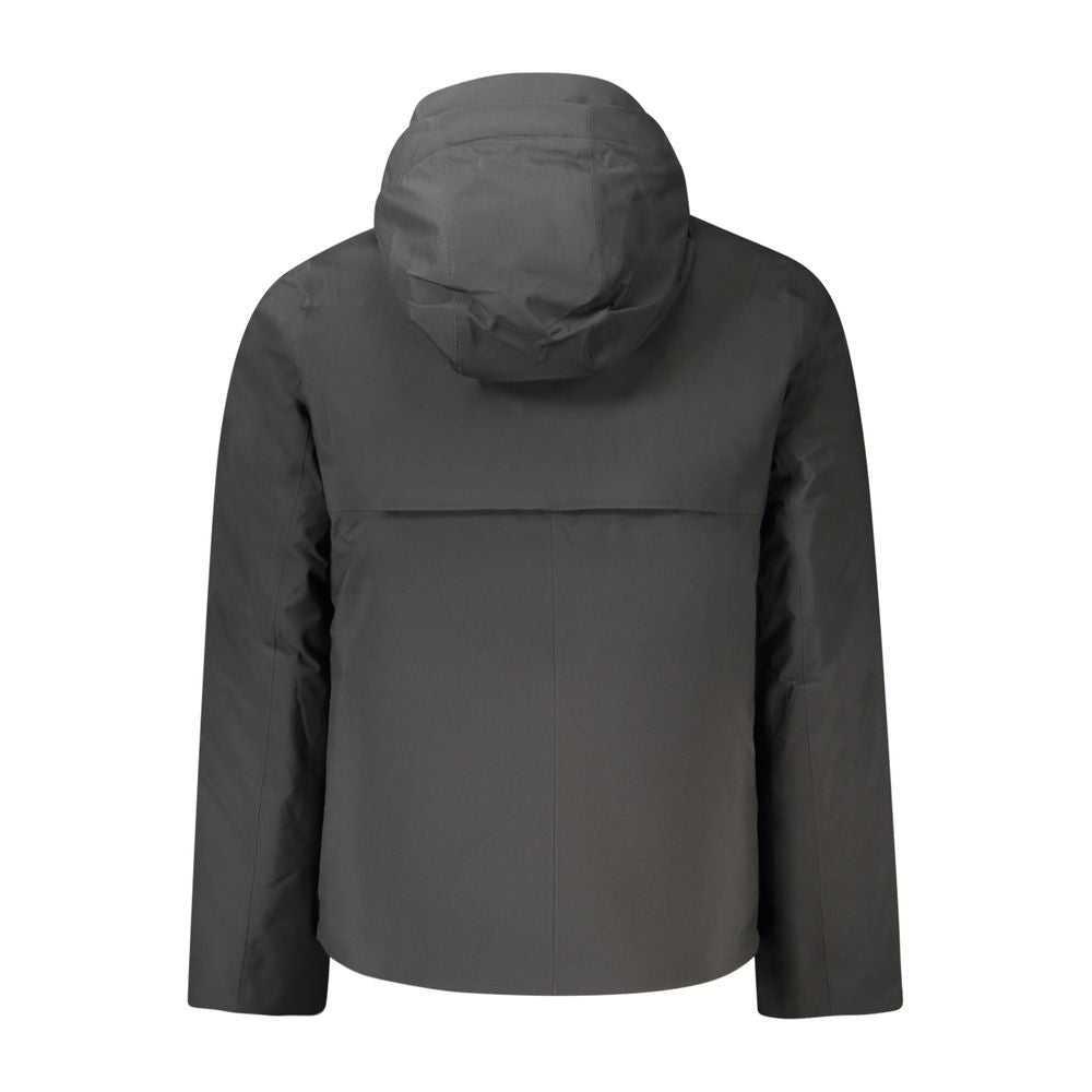 Black K-WAY Polyester Men Jacket with hood, showcasing sleek design ideal for cold weather; back view of jacket.