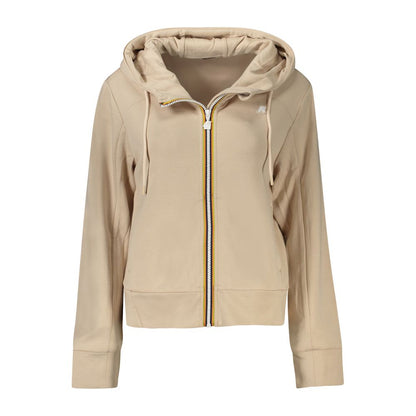 Beige hooded zip-up women's sweater with adjustable drawstrings and side pockets.