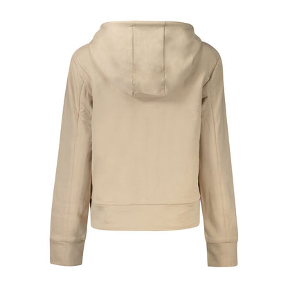 Back view of beige hooded sweater with long sleeves.