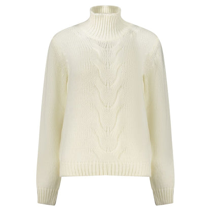 K-WAY White Wool Sweater with high neck and contrast details, featuring long sleeves and logo.