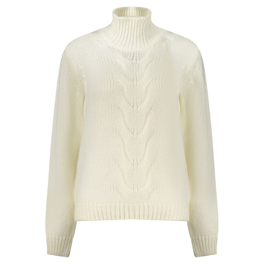 K-WAY White Wool Sweater with high neck and contrast details, featuring long sleeves and logo.