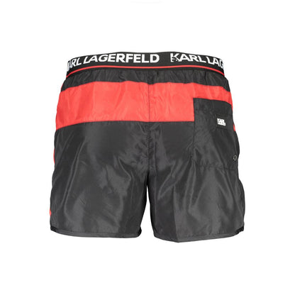 Karl Lagerfeld Black Polyester Swimwear with elastic waist, front and back pockets, contrasting red details, and logo waistband.
