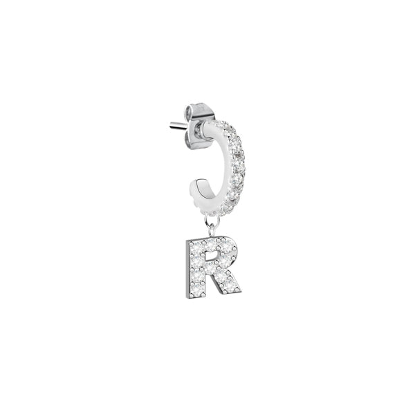 Elegant LA PETITE STORY JEWELRY Mod. LPS02ARQ73 silver hoop earring with sparkling crystal letter 'R' charm on white background.