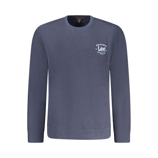 Lee Blue Cotton Men Sweater with long sleeves and crew neckline, featuring a branded logo print for casual style.