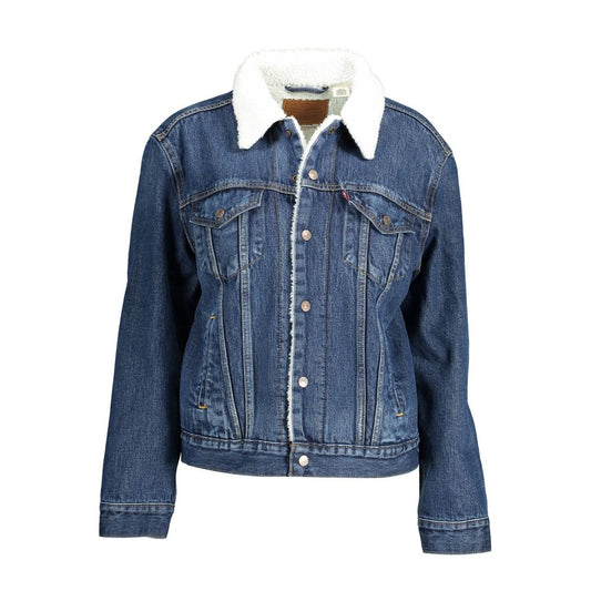 Levi's Blue Cotton Women Jacket with fur trim, button closure, and four pockets showcasing iconic Levi's style and functionality.