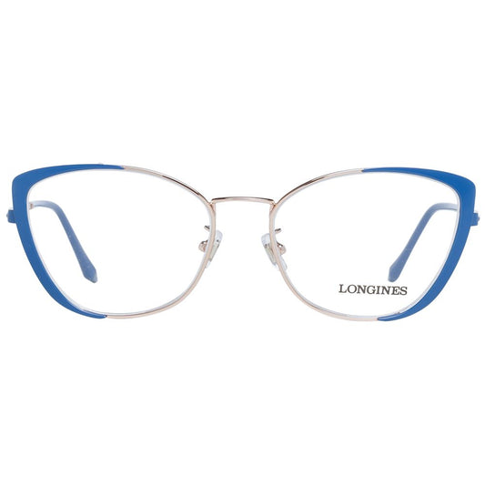 Longines Blue Women Glasses Frame in butterfly style with full-rim design, featuring blue metal and plastic frame and demo lenses.