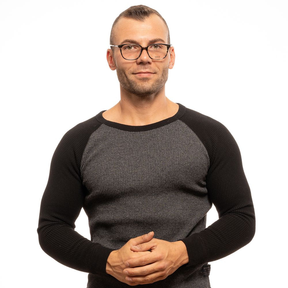 Man wearing Lozza Brown Men Glasses Frame against white background, showcasing full-rim rectangle style in brown plastic material.